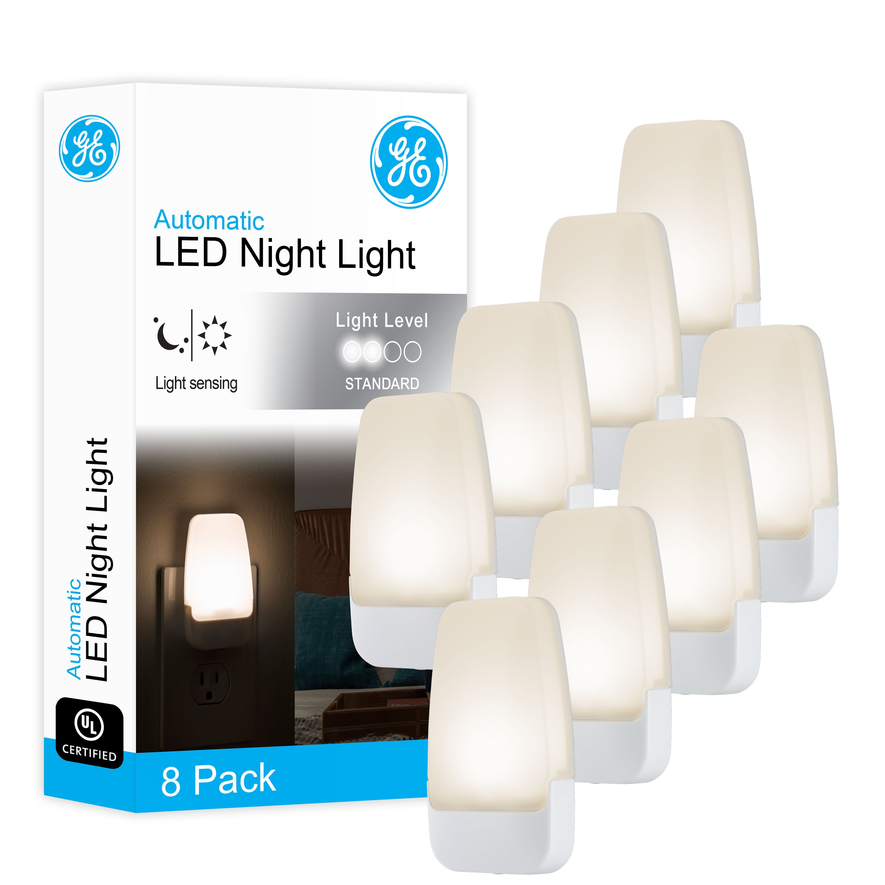 GE Light Sensing LED Night Light, White, 8 Pack