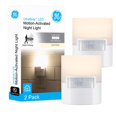 GE UltraBrite Motion Activated LED Night Light, White, 2 Pack