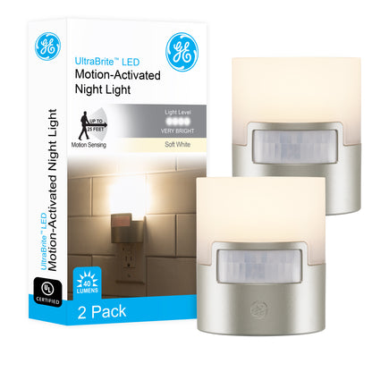 GE UltraBrite Motion Activated LED Night Light, Silver, 2 Pack