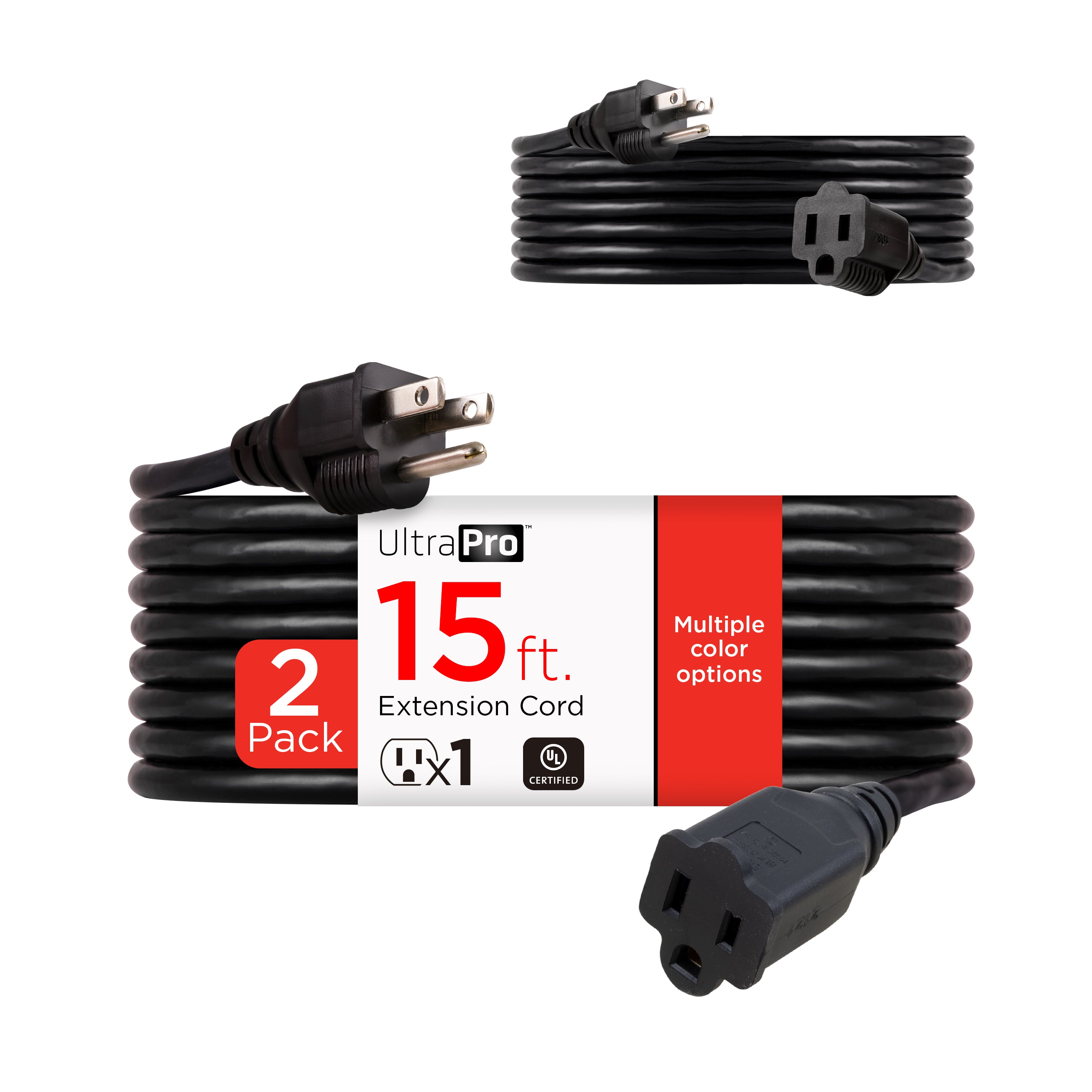 GE 1-Outlet Grounded Extension Cord, 15ft, Black, 2pk