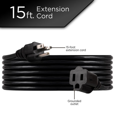 GE 1-Outlet Grounded Extension Cord, 15ft, Black, 2pk