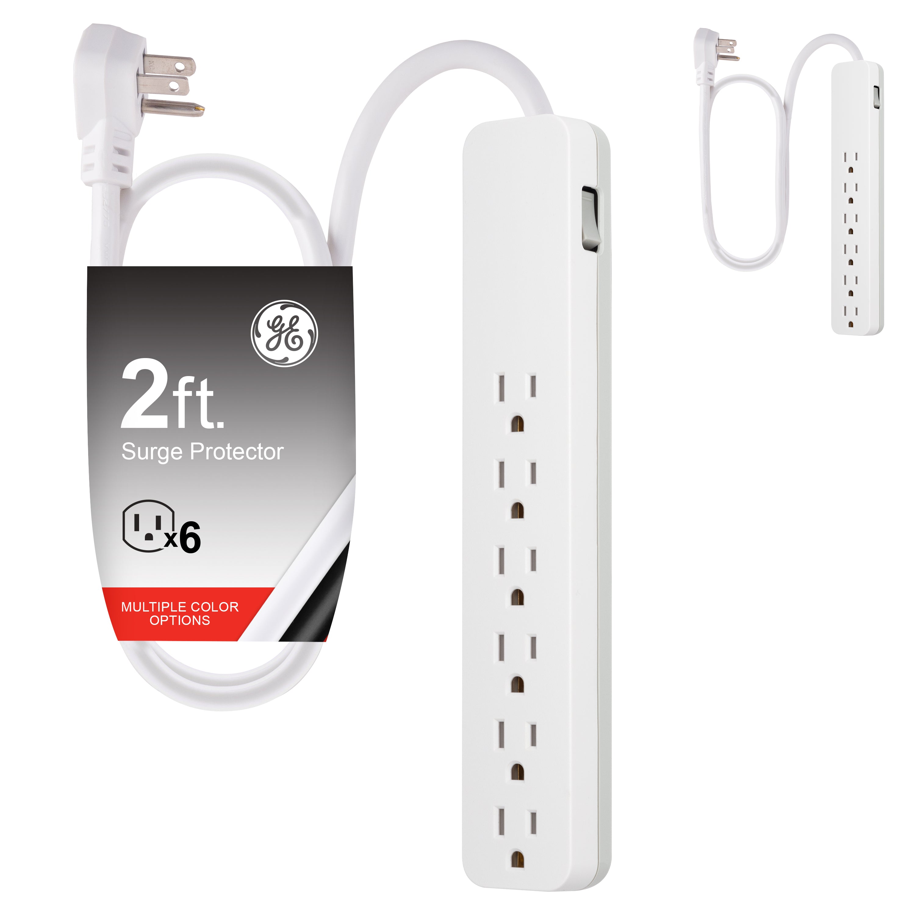 GE 6-Outlet Surge Protector, 2ft., White, 2 Pack