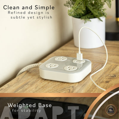 Cordinate ADAPT 3-Outlet, 2-USB 4ft. Braided Extension Cord, Cream/Gray