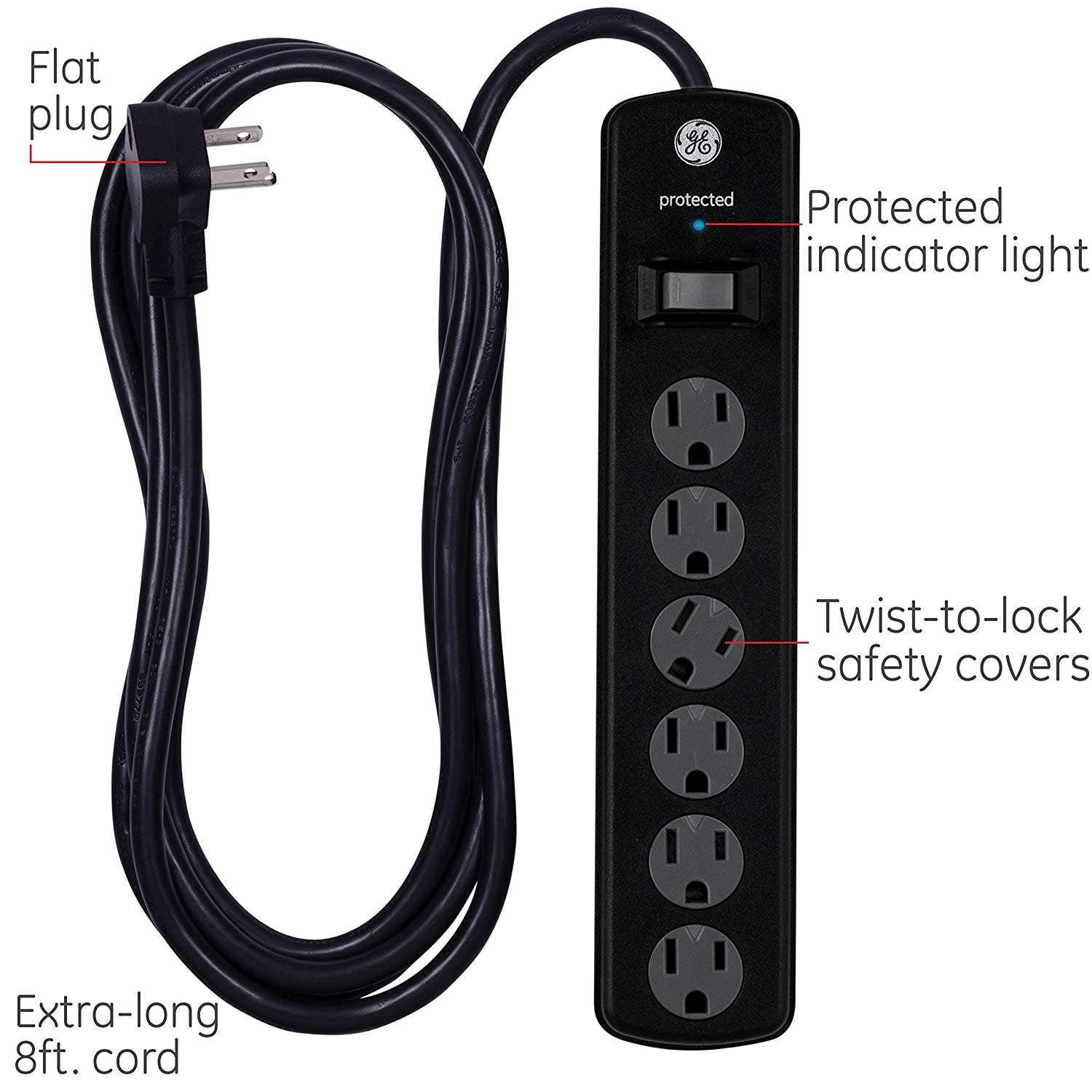 GE 6-Outlet 8ft. Surge Protector with Twist-to-Close Safety Covers, Black