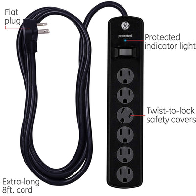 GE 6-Outlet 8ft. Surge Protector with Twist-to-Close Safety Covers, 2 Pack, Black
