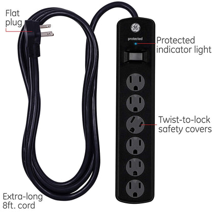GE 6-Outlet 8ft. Surge Protector with Twist-to-Close Safety Covers, 2 Pack, Black