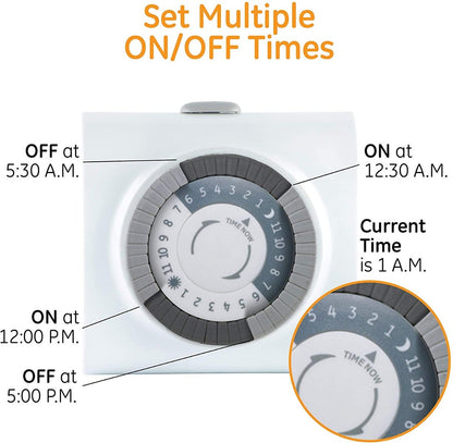 GE Indoor Plug-In 24-Hour Mechanical Timer, 2 Pack, White