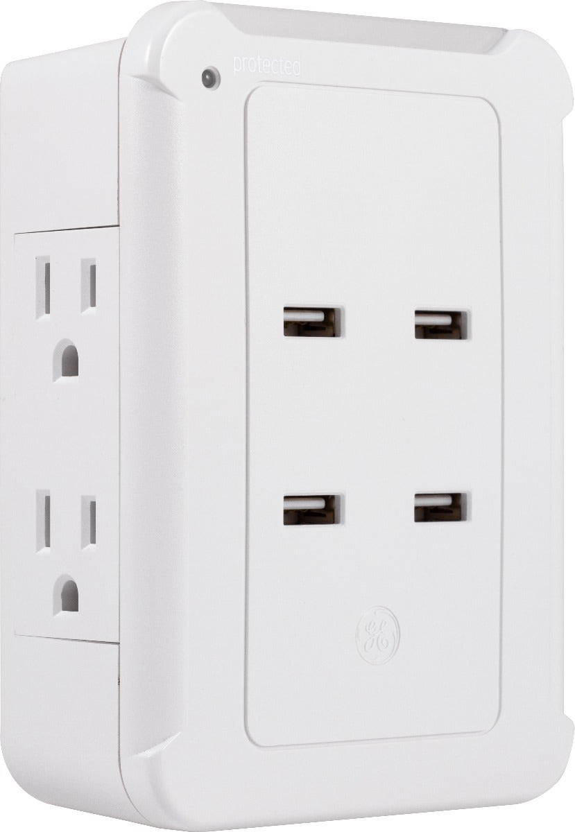GE 4-Outlet 4-USB Surge Tap with Eye Indicator, White