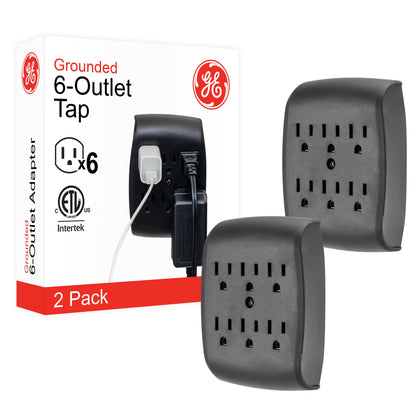 GE 6-Outlet Wall Tap, 2 Pack, Black