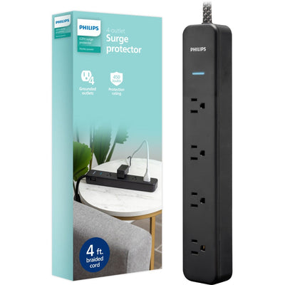 Philips 4-Outlet 4ft. Surge Protector with Adapter-Spaced Outlets, Black