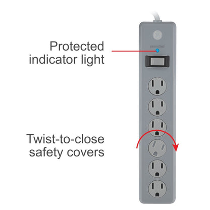 GE 6-Outlet 10ft. Surge Protector with Twist-to-Close Safety Outlets, Gray