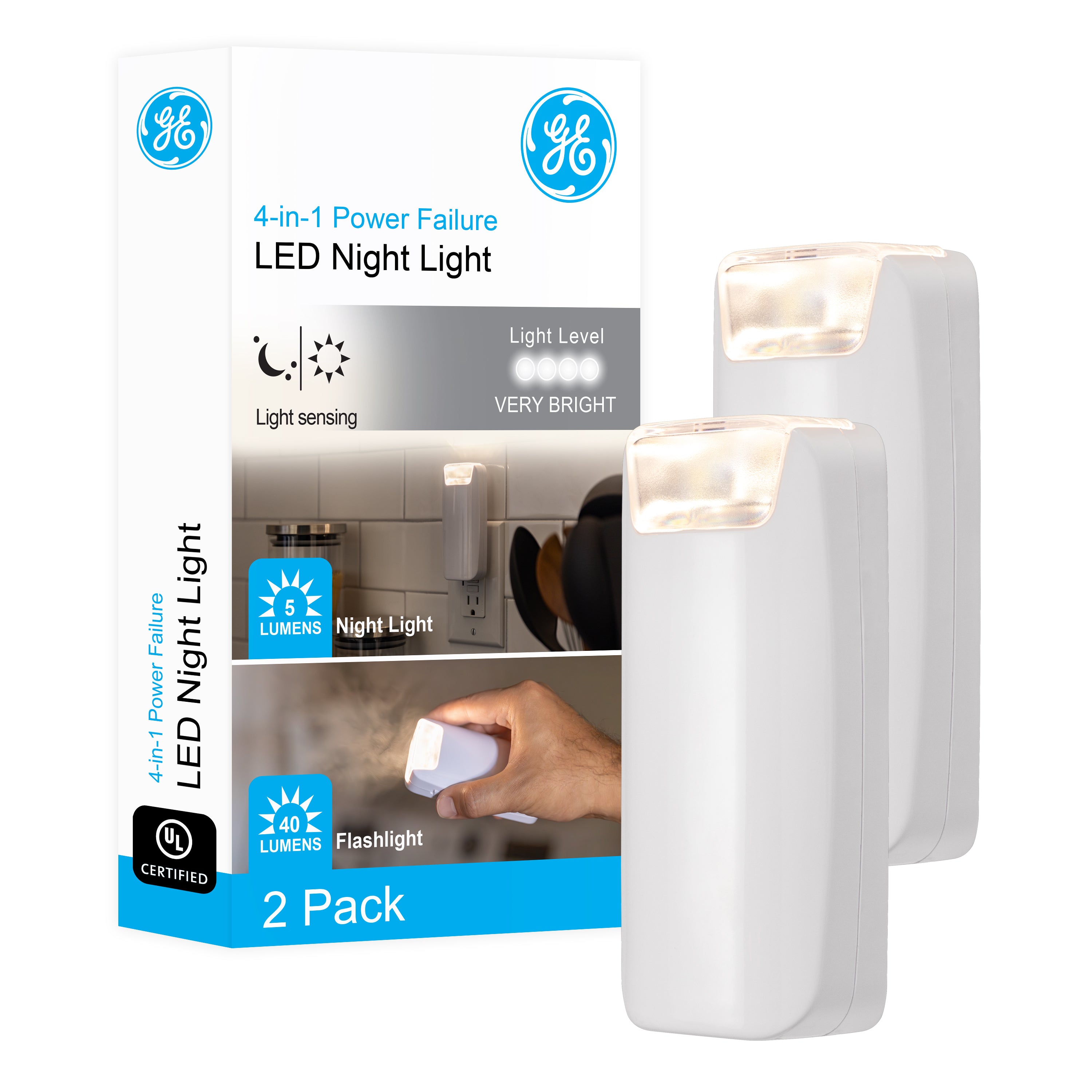 GE 4-in-1 Rechargeable Power Failure LED Night Light, White, 2 Pack