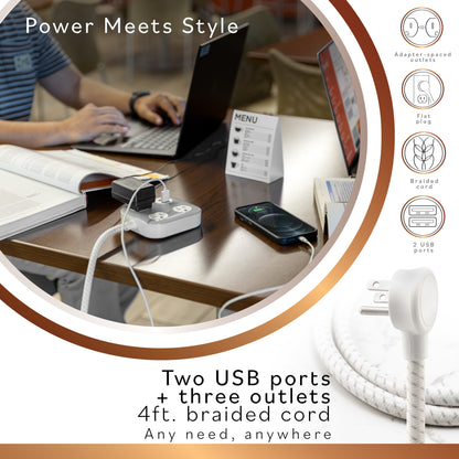 Cordinate ADAPT 3-Outlet, 2-USB 4ft. Braided Extension Cord, Cream/Gray