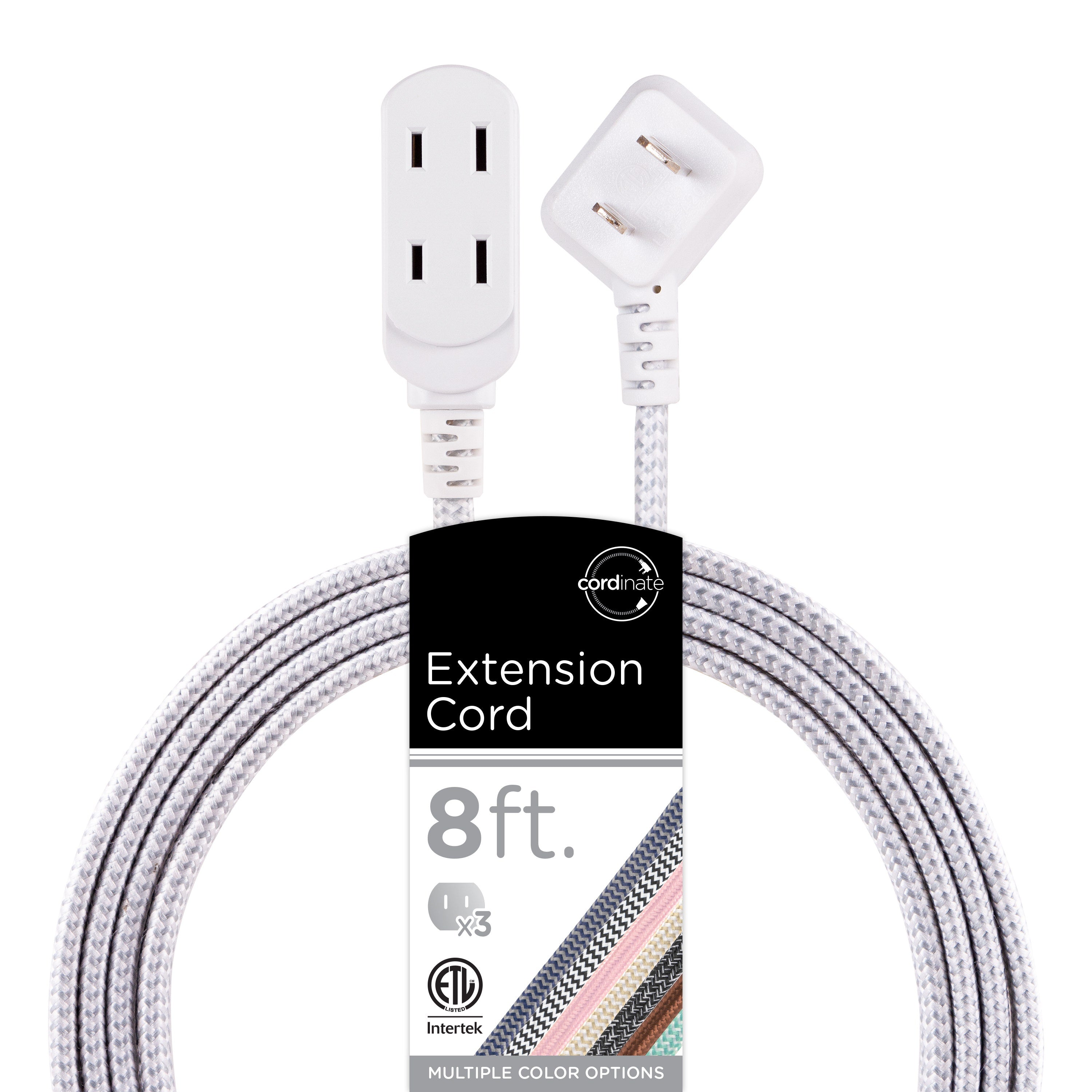 Cordinate 3-Outlet 8ft. Braided Extension Cord, Gray/White