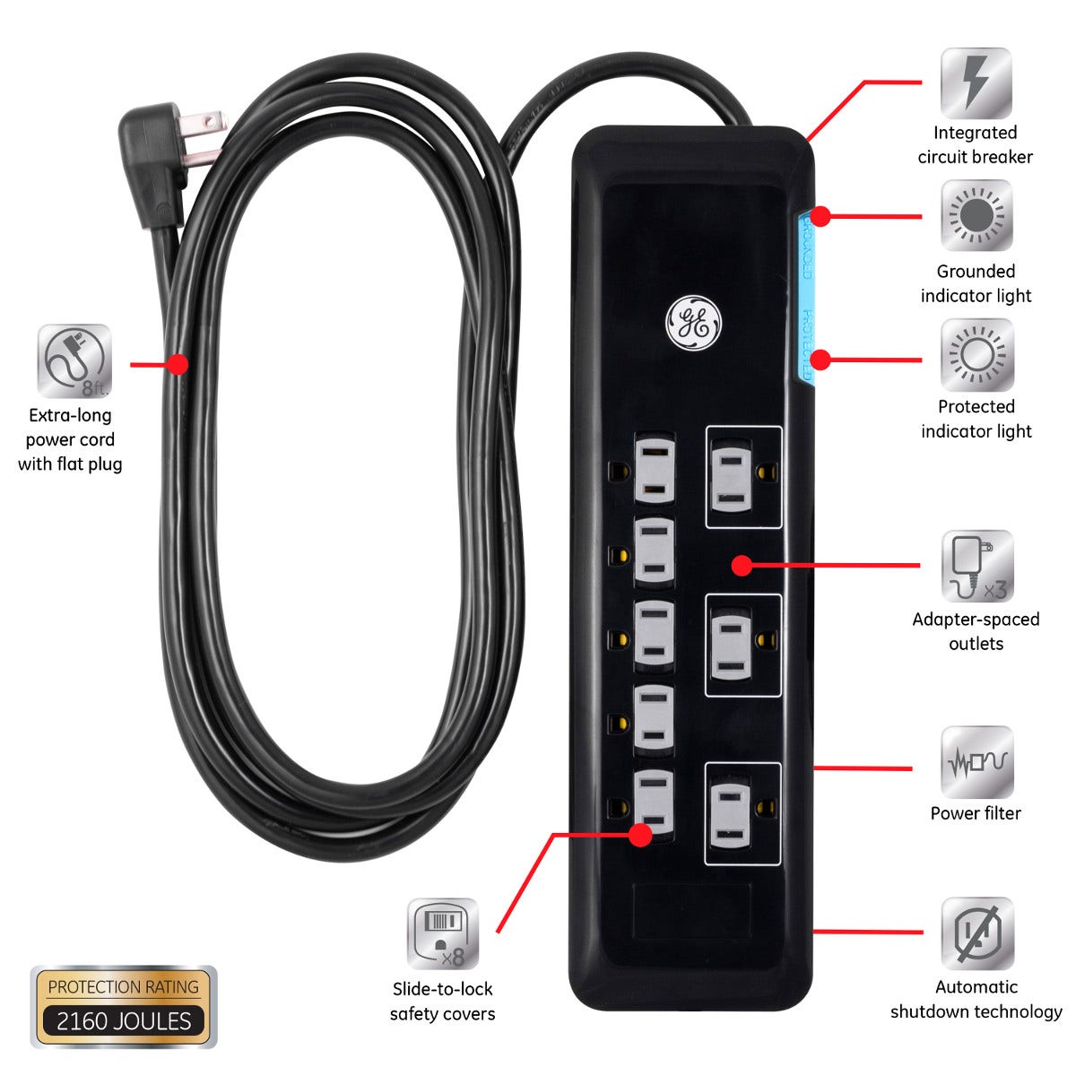 GE 8-Outlet 8ft. Surge Protector, Black