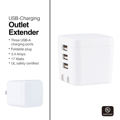 GE UltraPro 3-USB Wall Charger with Foldable Plug, White