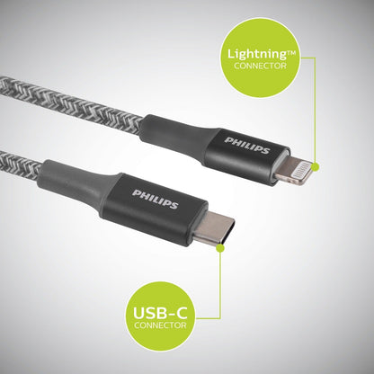Philips 6ft. USB-C to Lightning Charging Cable with Braided Cord, 2 Pack, Gray