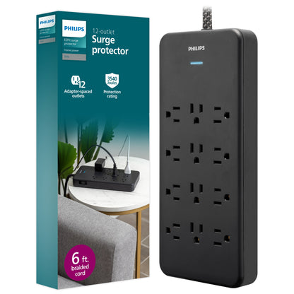 Philips 12-Outlet 6ft. Surge Protector with Adapter-Spaced Outlets, Black