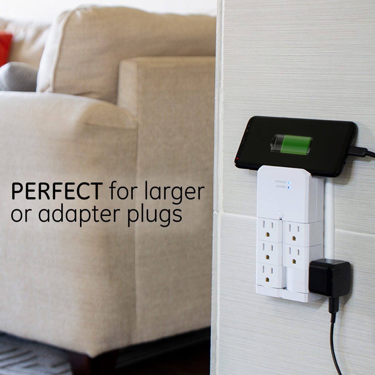 GE 6-Outlet Wall Tap with Surge Protection and Swivel Outlets, White