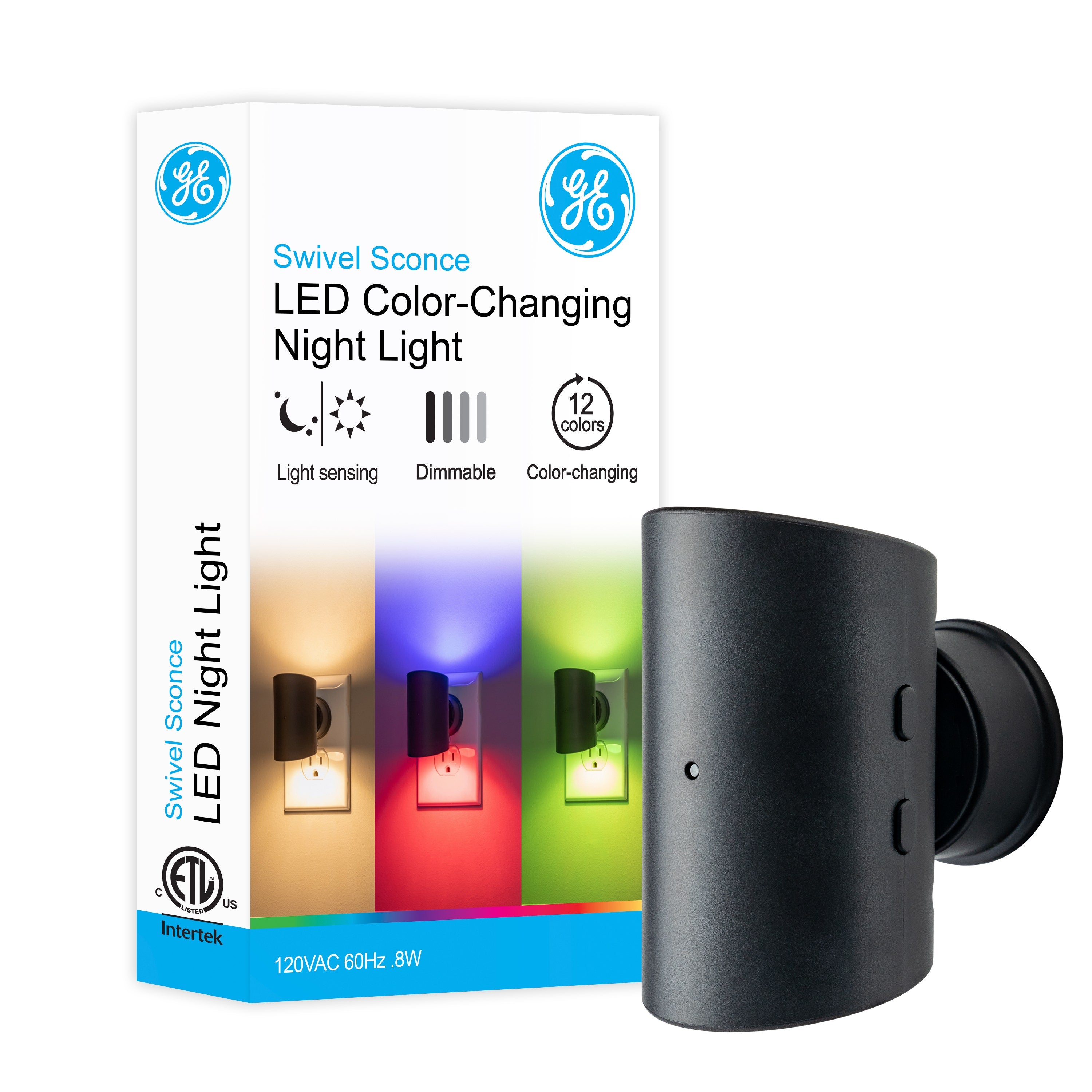 GE Color-Changing Light Sensing Swivel Night Light, Black