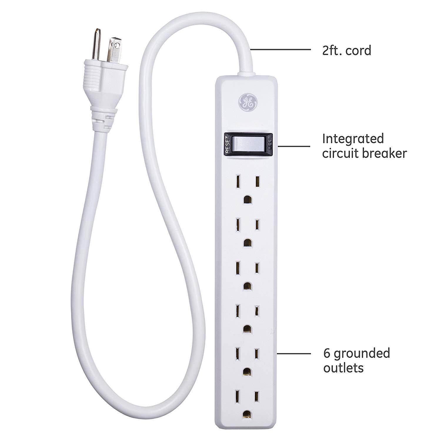 GE 6-Outlet 2ft. Power Strip, White