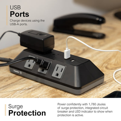 GE 8-Outlet 2-USB 3ft. Surge Protector with Adapter-Spaced Outlets, Black