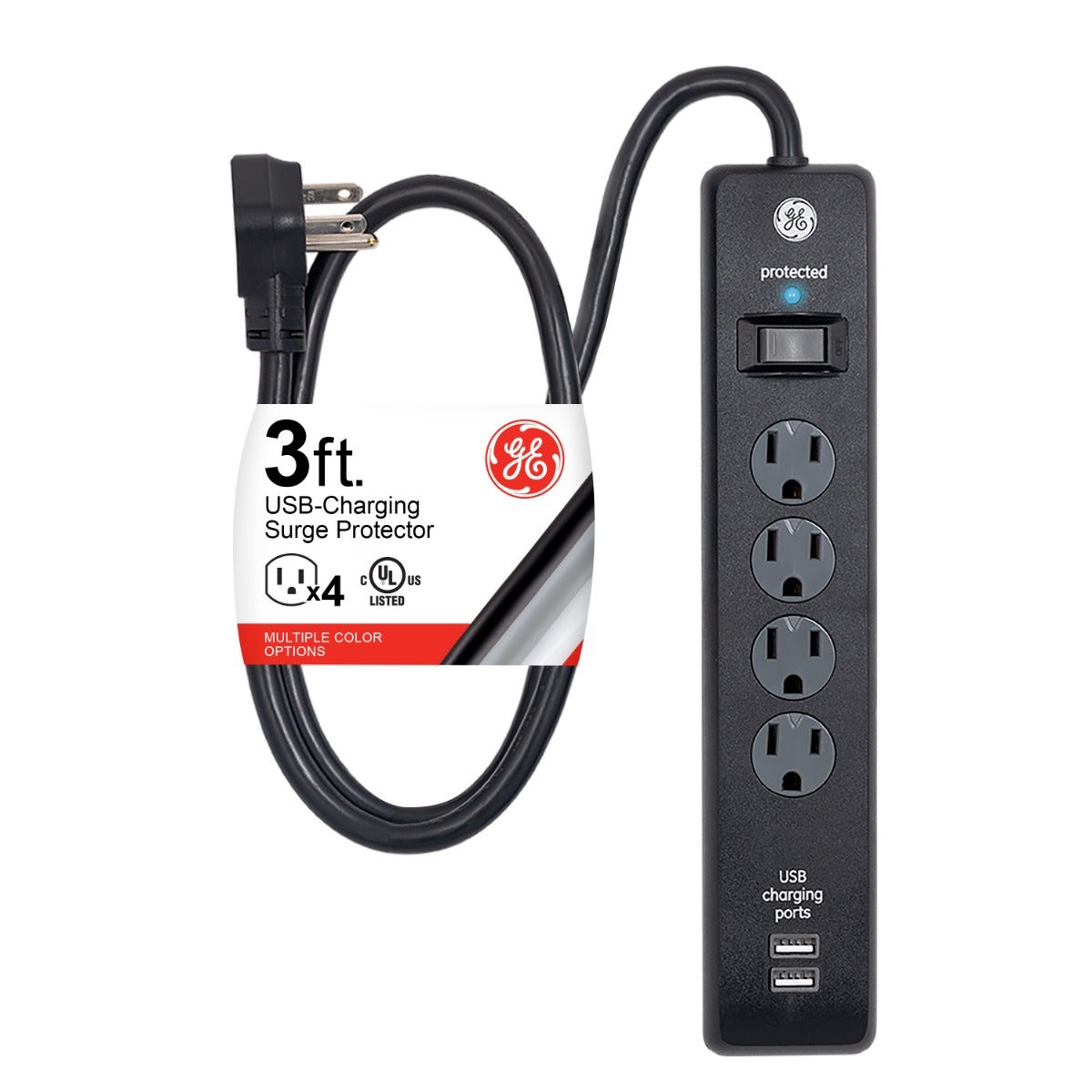 GE 4-Outlet 2-USB 3ft. Surge Protector, Black