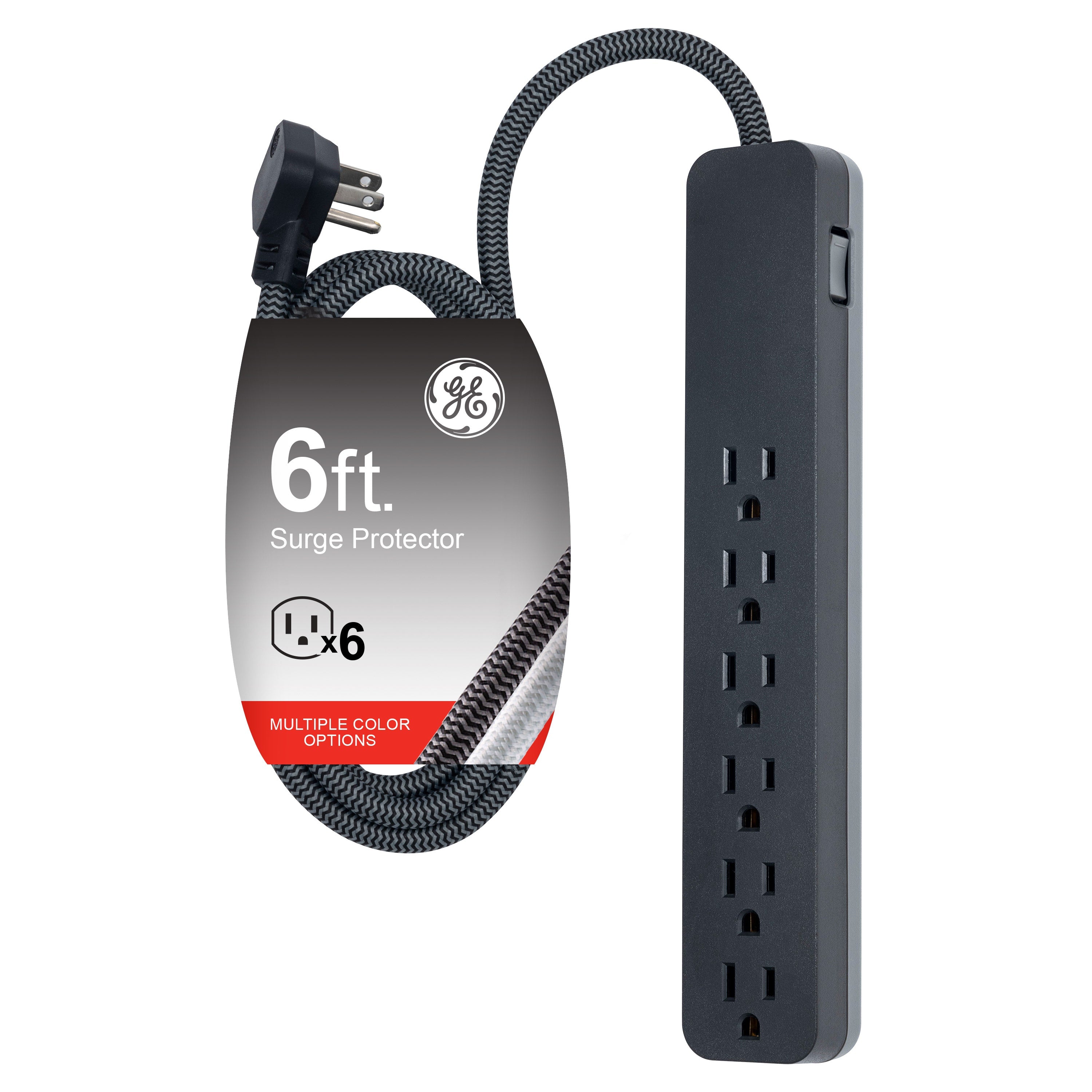 GE 6-Outlet 6ft. Surge Protector with Braided Cord, Black