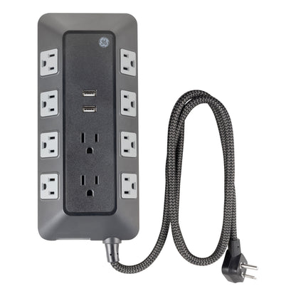 GE 10-Outlet 2-USB 4ft. Surge Protector with Adapter-Spaced Outlets, Black