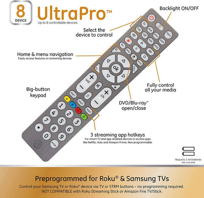 GE 8-Device Backlit Universal Remote, Brushed Graphite