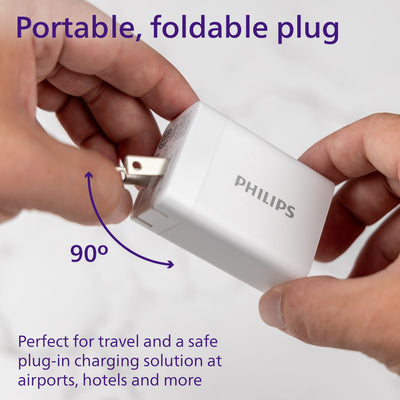 Philips AC Charger, 1 USB-A, 2 USB-C Port, GaN, 65W, White