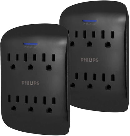 Philips 6-Outlet Wall Tap with Surge Protection, 2 Pack, Black