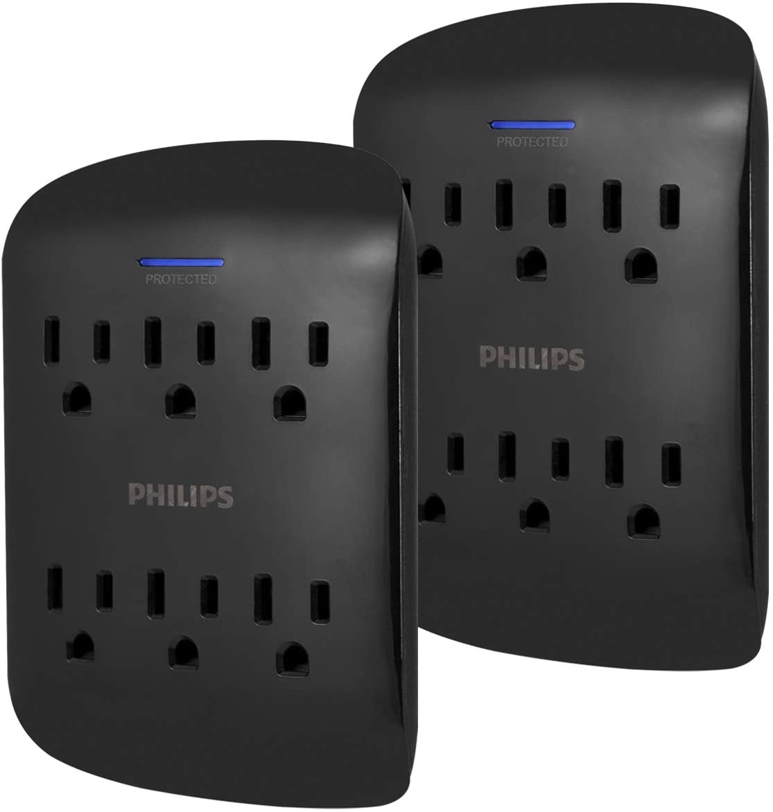Philips 6-Outlet Wall Tap with Surge Protection, 2 Pack, Black