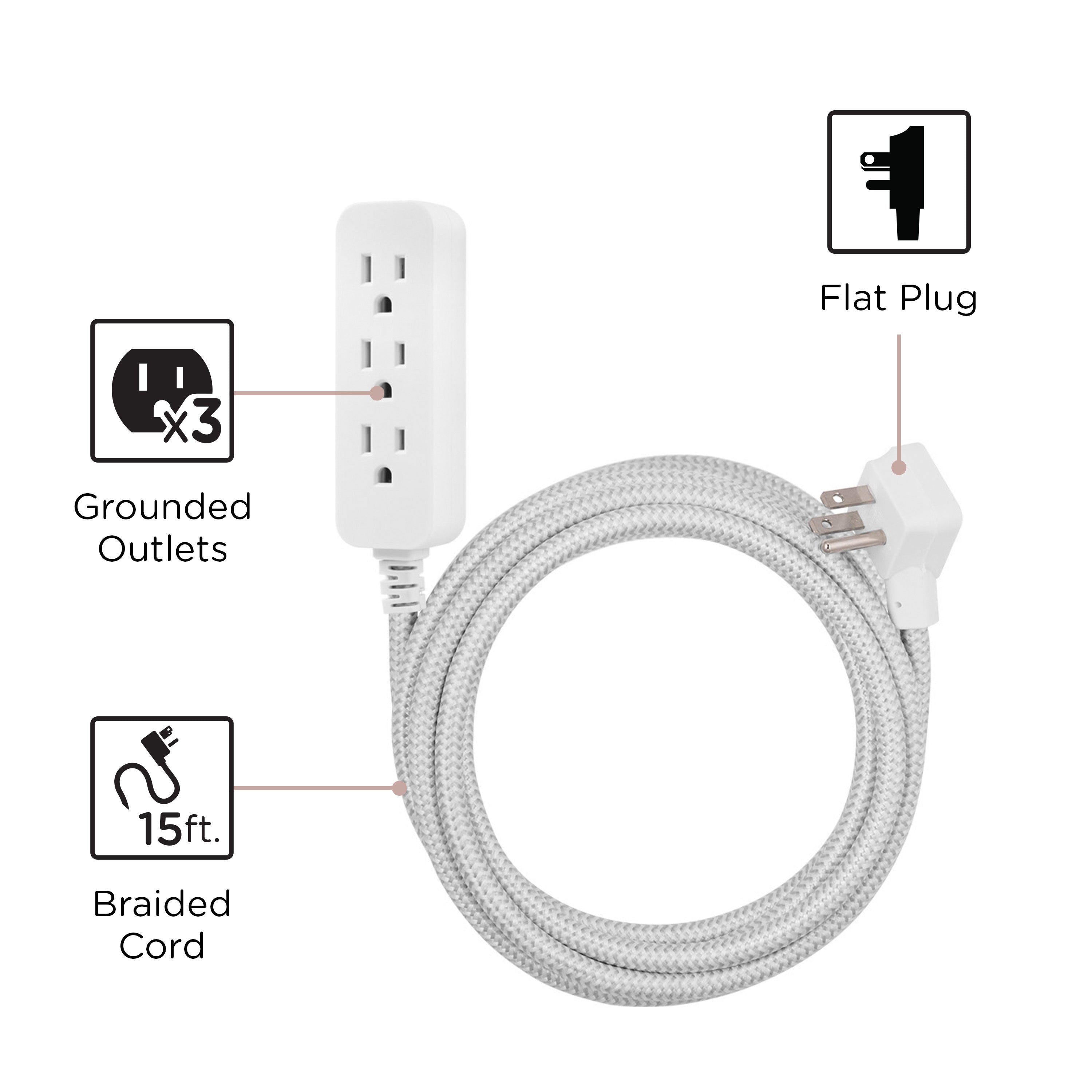 Cordinate 15ft. 3-Outlet Indoor Extension Cord, Gray/White