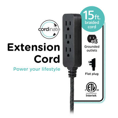 Cordinate 15ft. 3-Outlet Extension Cord, Black Heather