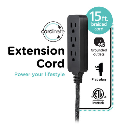 Cordinate 15ft. 3-Outlet Extension Cord, Black Heather