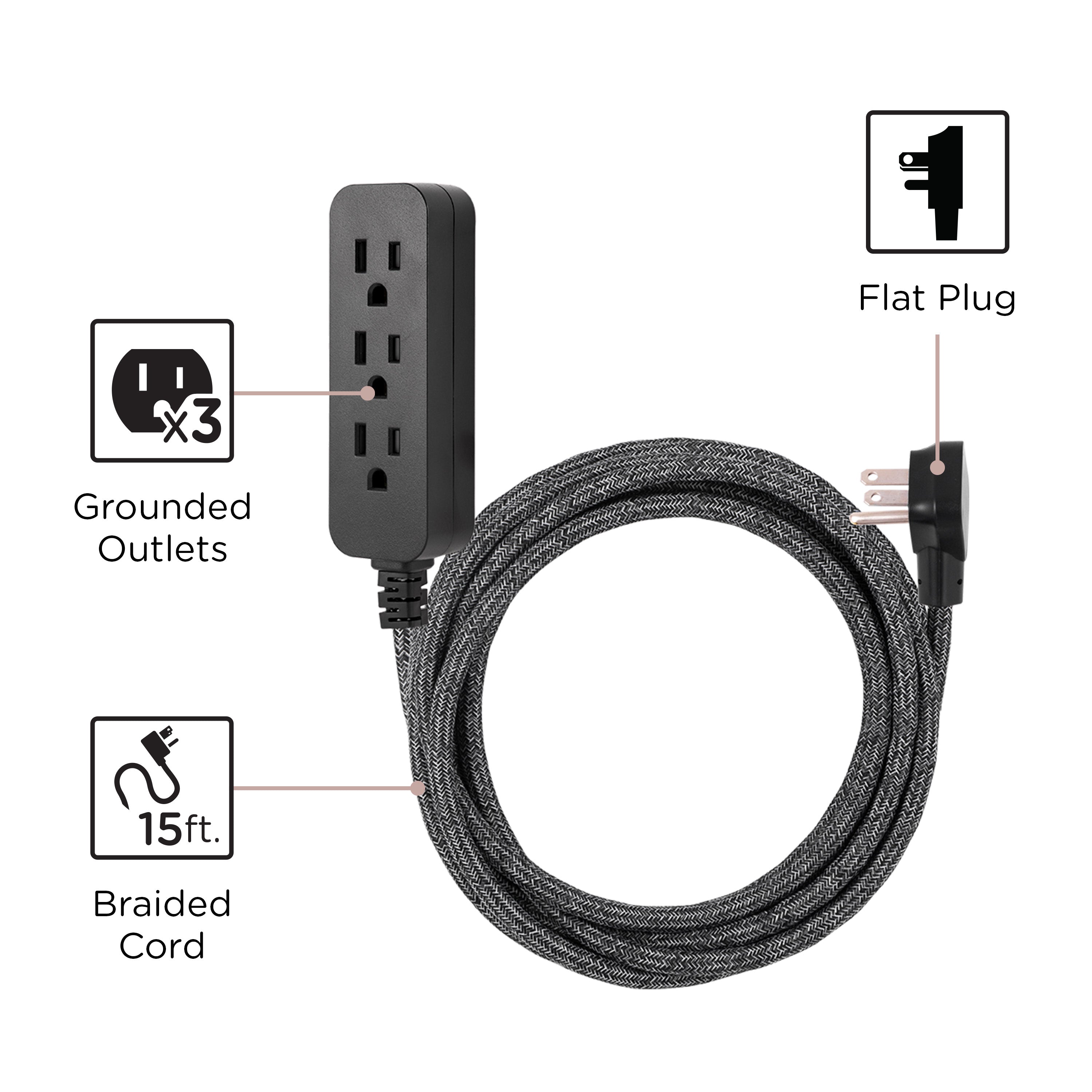 Cordinate 15ft. 3-Outlet Extension Cord, Black Heather