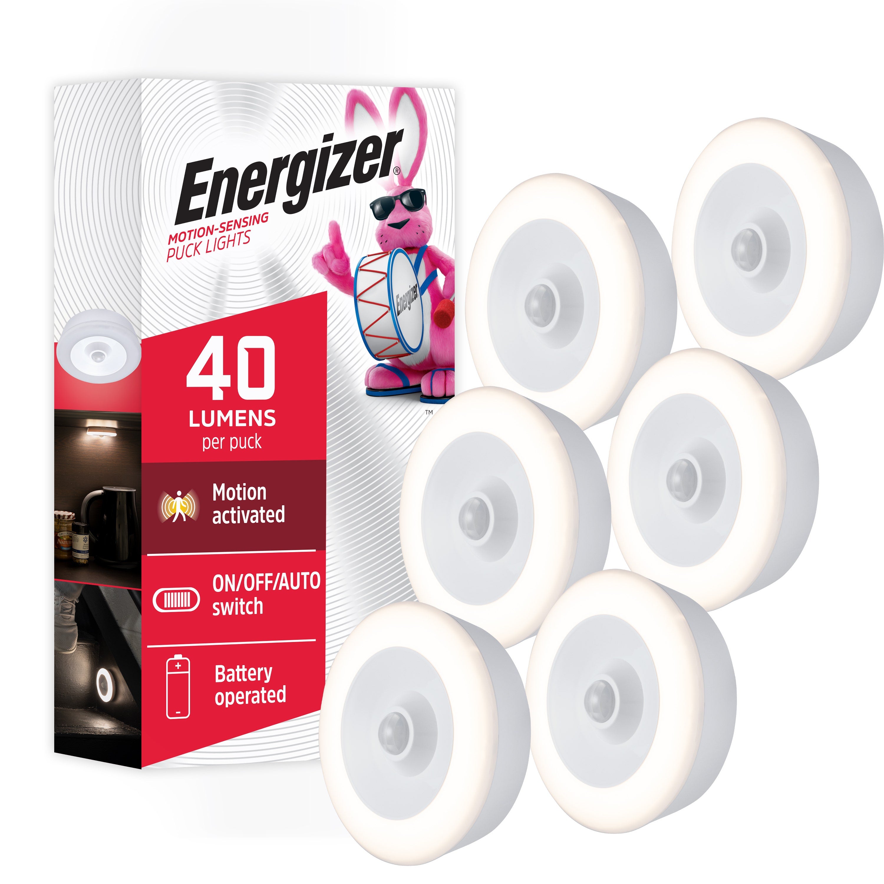 Energizer Battery Operated Motion Sensing LED Puck Light, 6 Pack, White