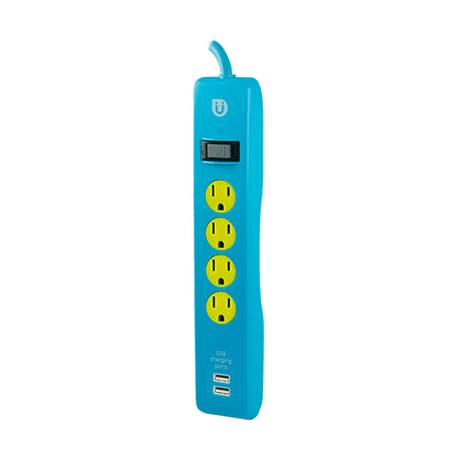 Uber 4-Outlet 2-USB 4ft. Power Strip, Blue/Yellow