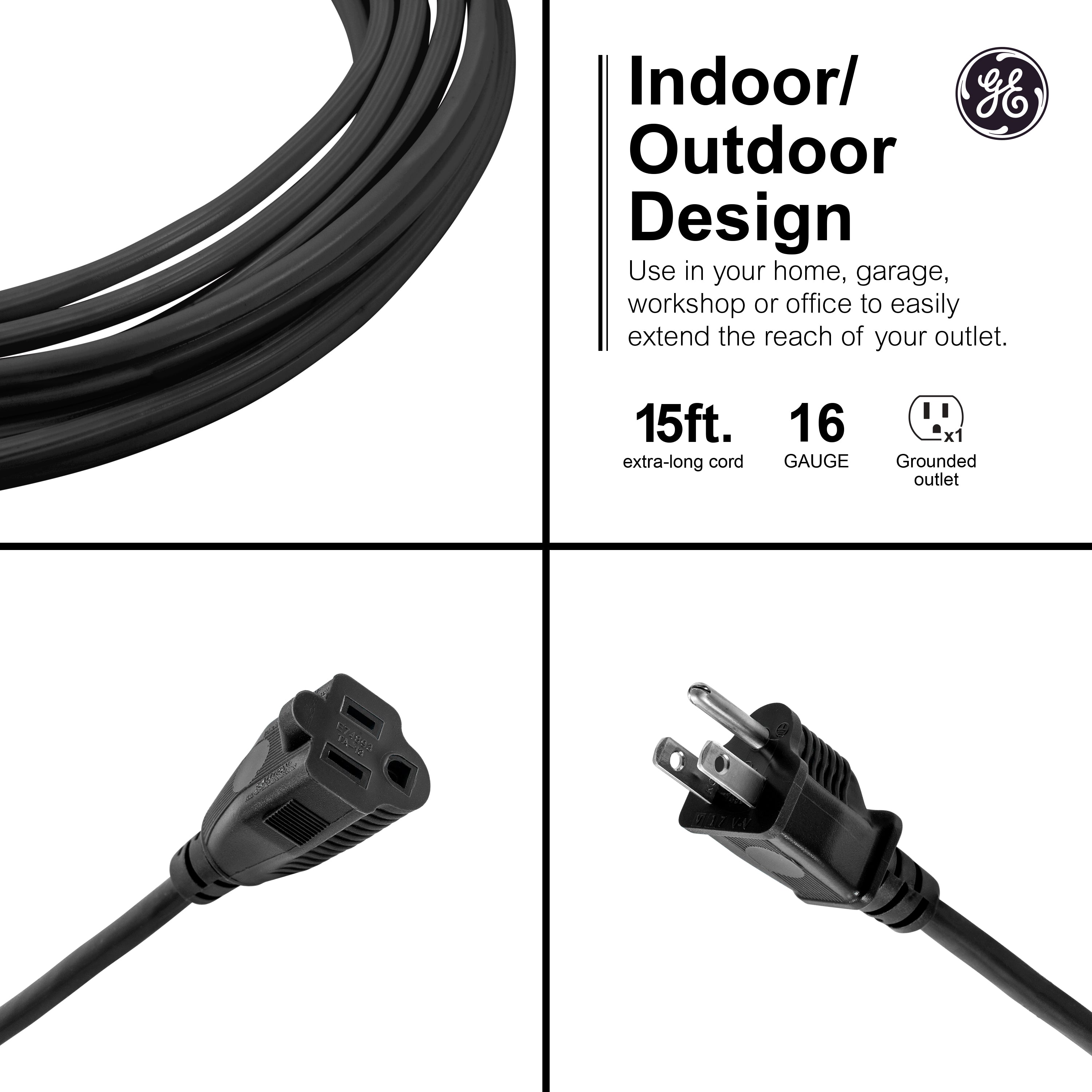 GE Grounded Extension Cord, 15ft., Outdoor, Black, 16-Gauge