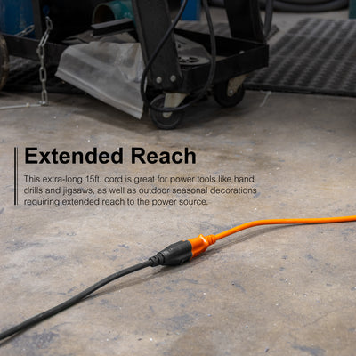 GE Grounded Extension Cord, 15ft., Outdoor, Black, 16-Gauge