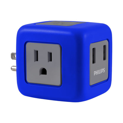 Philips 3-Outlet 2-USB Wall Tap with Surge Protection, Blue/Gray