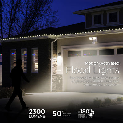 Enbrighten Outdoor 2-Head Motion-Sensing Security Light with LED Night Light, White