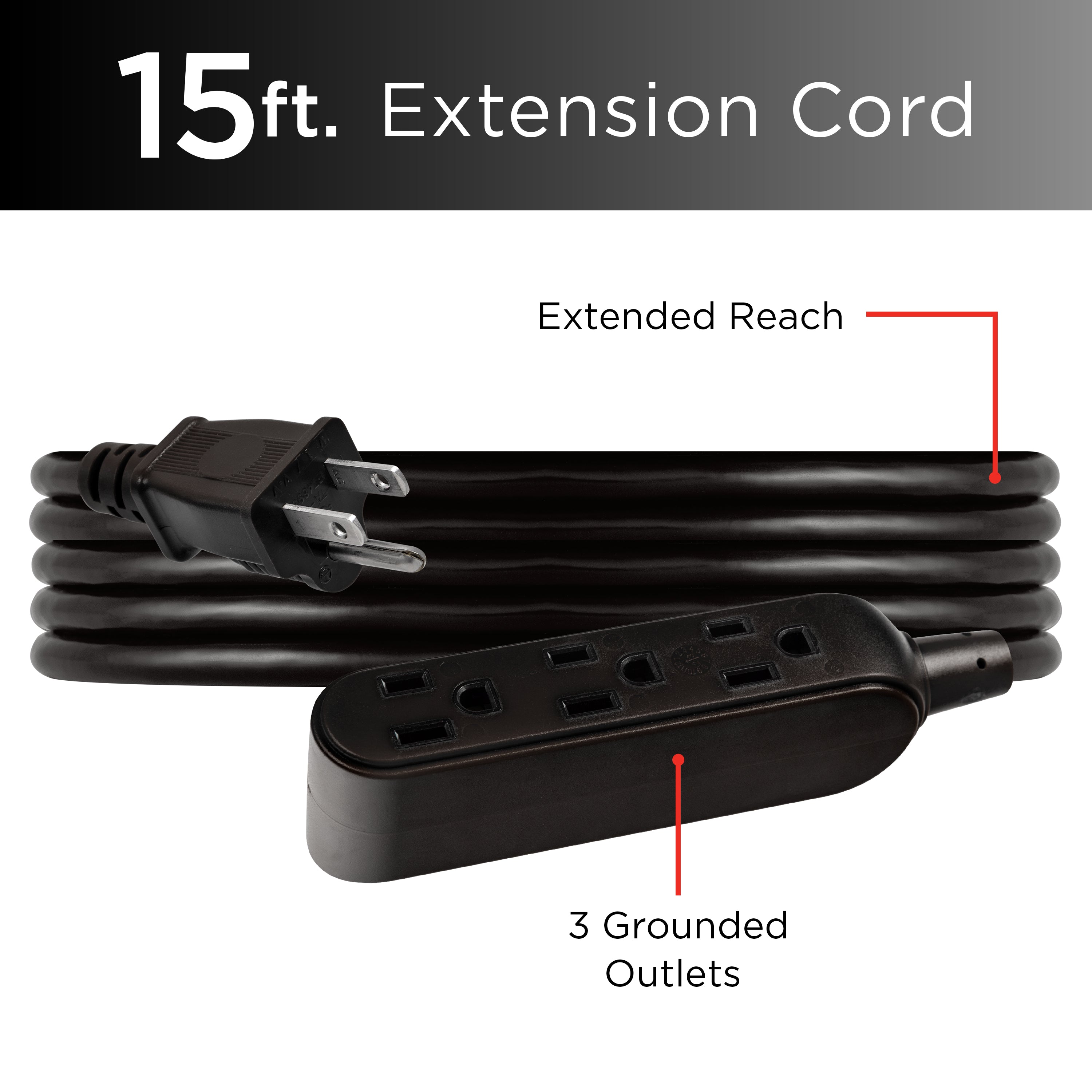 UltraPro 15ft. Outdoor Extension Cord, 3 Grounded Outlet, Black