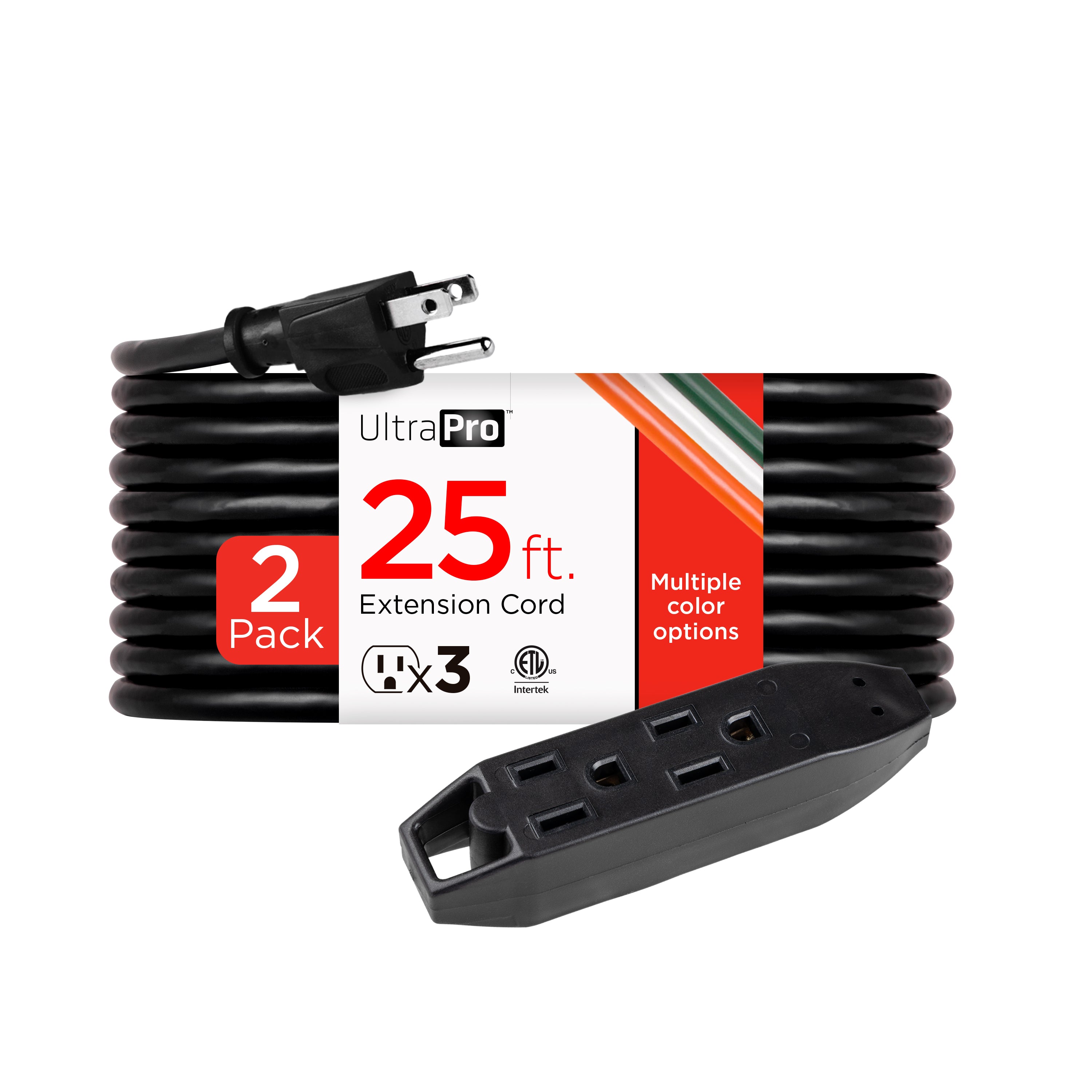UltraPro 25ft. 3-Outlet Grounded Extension Cord, 2 Pack, Black
