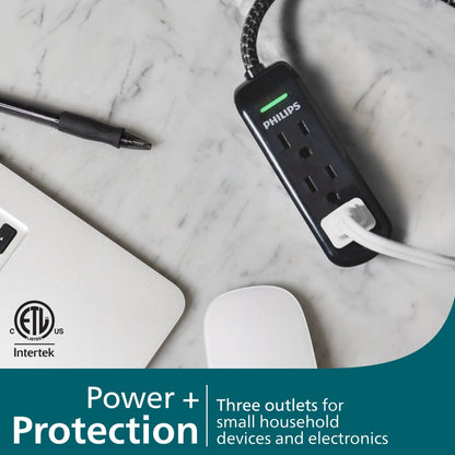 Philips 3-Outlet 8ft. Extension Cord With With Surge Protection, Black