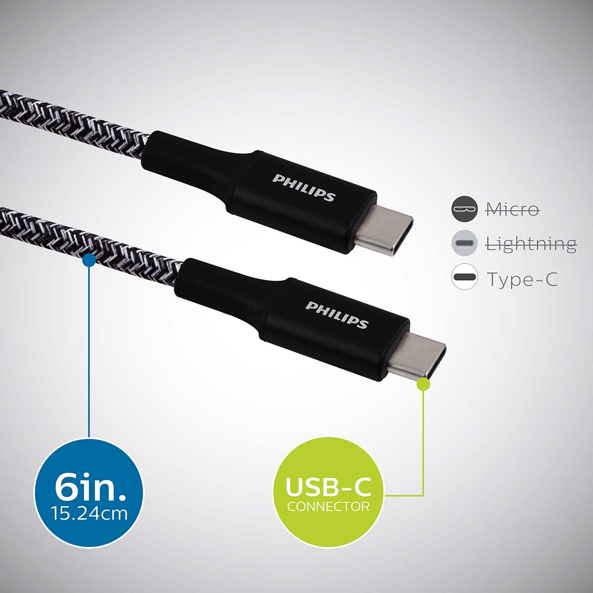 Philips 6in. USB-C to USB-C Braided Charging Cable, Black