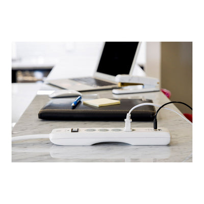 GE 4-Outlet 2-USB 8ft. Surge Protector With Twist-To-Close Safety Covers, White