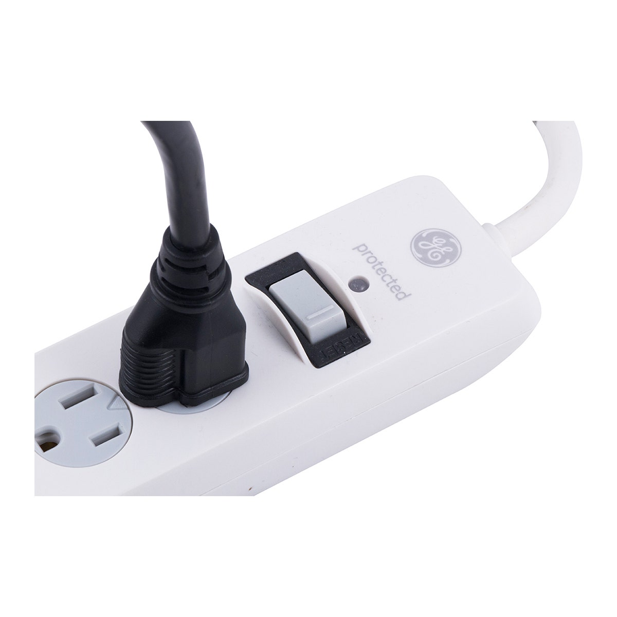 GE 4-Outlet 2-USB 8ft. Surge Protector With Twist-To-Close Safety Covers, White