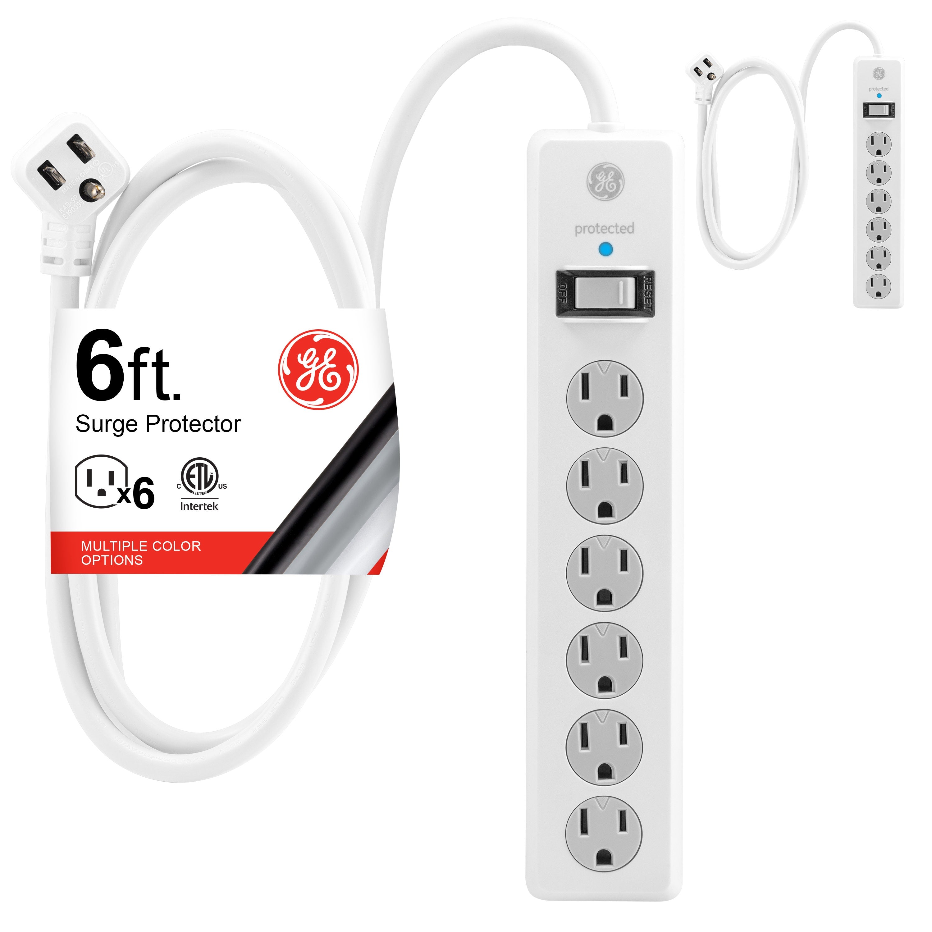 GE 6-Outlet 6ft. Surge Protector With Twist-To-Close Safety Covers, 2 Pack, White